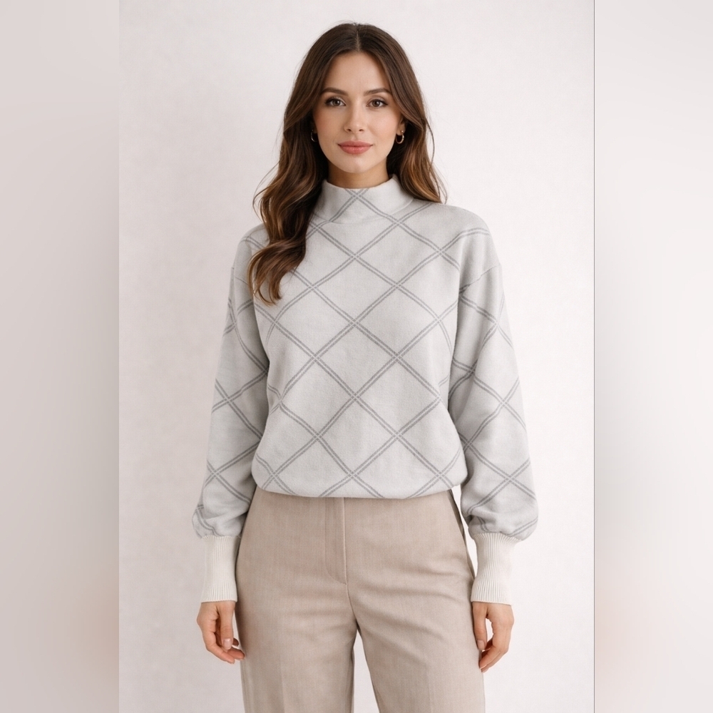 Tahari Plaid Mock Neck Windowpane Shimmer Sweater L Old Money Clean Girl Urban